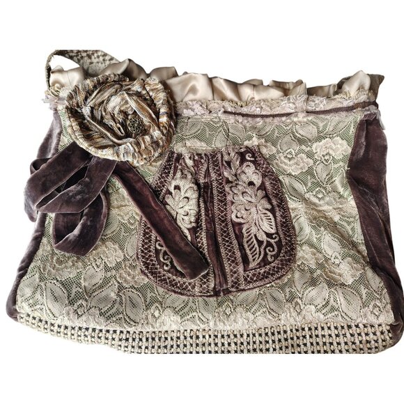 Annie Mae Designs Handcrafted Purse Shoulder Bag, Brown Velvet, Cream Lace Boho - Picture 1 of 8
